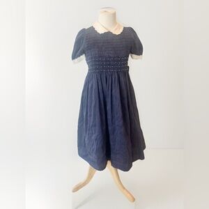 Laura Ashley Sz 5 Girls Dress 100% Silk Smocked Lined Navy Blue
